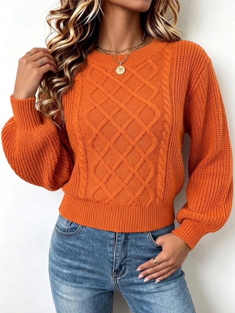 V-neck Argyle Cable-knit Lantern-sleeve Loose Pullover