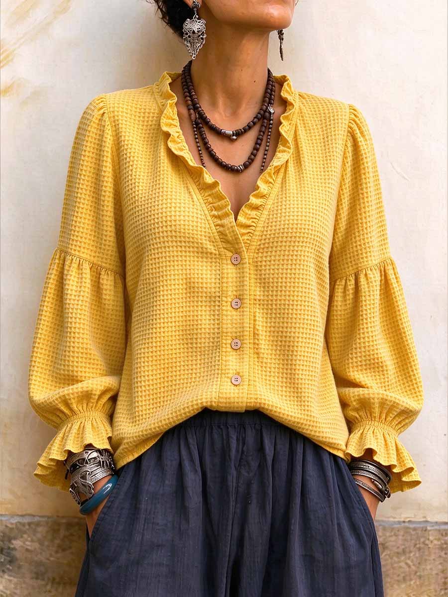 Women's V-neck Ruffle Trim Waffle Knit Button-down Top