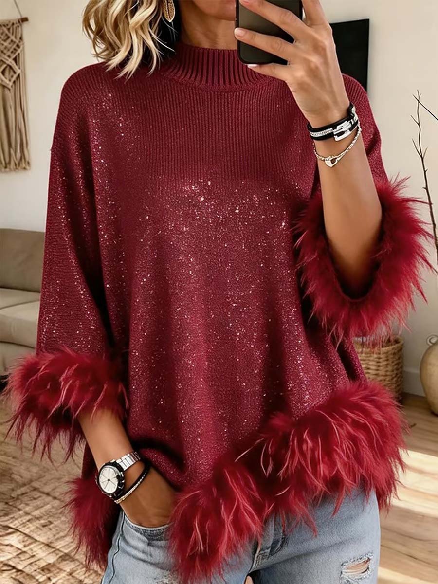 Women's Glamorous Burgundy Sparkle Knit Top With Faux Fur Trim