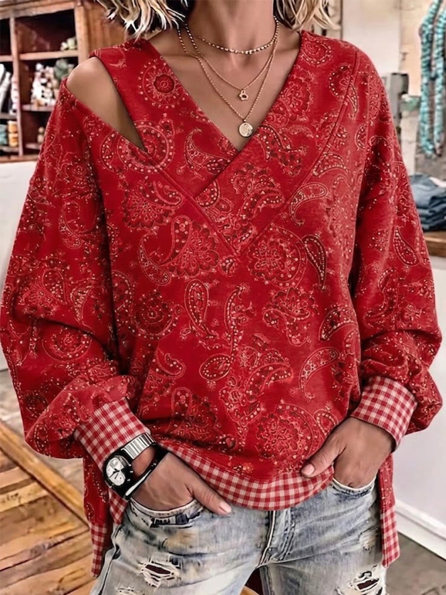 Retro Paisley Print And Plaid Patchwork Asymmetrical Cut-out Top