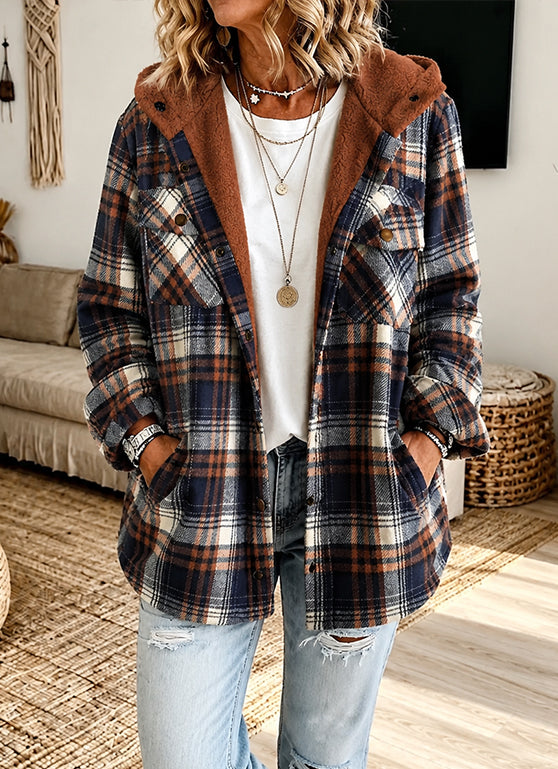 Casual Plaid Fleece Hooded Shacket
