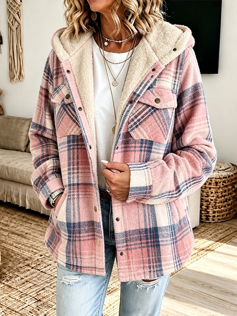 Casual Plaid Fleece Hooded Shacket