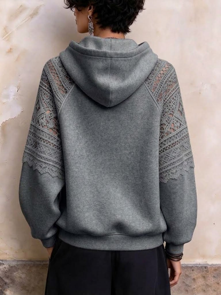 Chic Lace-panel Cotton-blend Hooded Sweatshirt