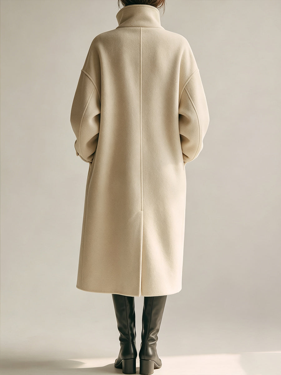 Chic Cream High-Neck Zip Midi Coat