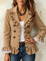 Waisted Jacket With A Lapel, Lettuce-edge Detailing, And Lace Inserts