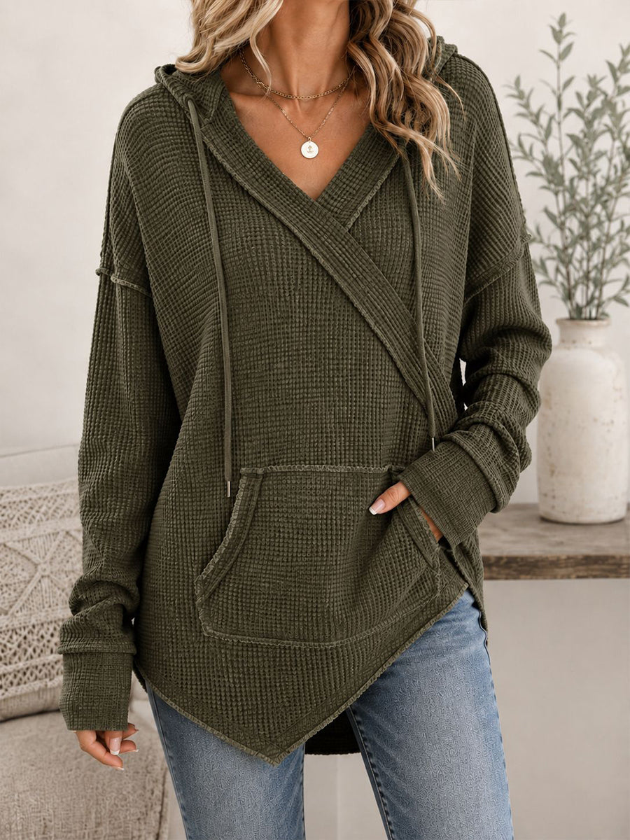 Casual Olive Green Waffle-Knit Crossover Hoodie