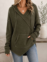 Casual Olive Green Waffle-Knit Crossover Hoodie