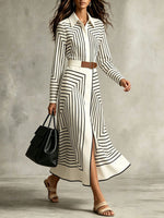 Chic Geometric-striped Button-down Midi Shirt Dress With A Tie-waist