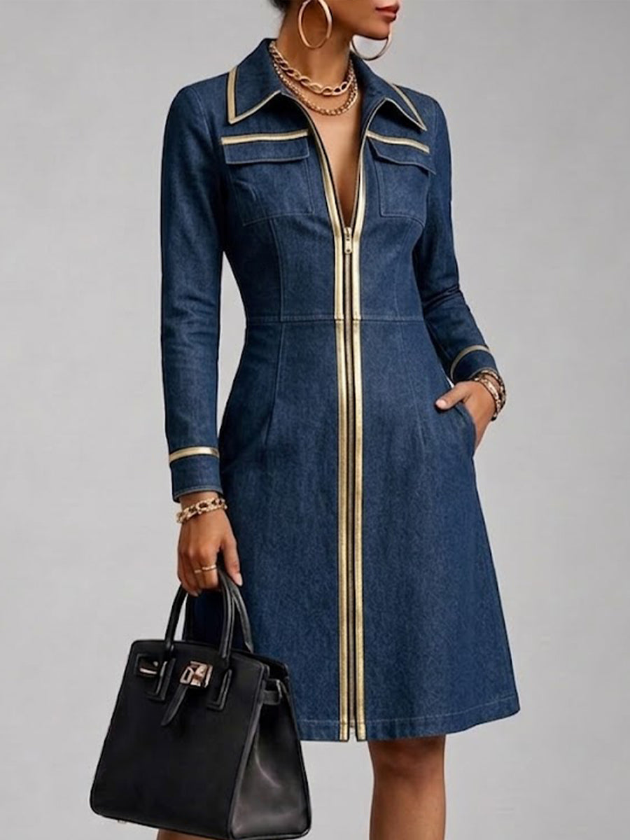 Stylish Casual Denim Dress With Front Zipper And Gold Piping