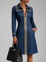 Stylish Casual Denim Dress With Front Zipper And Gold Piping