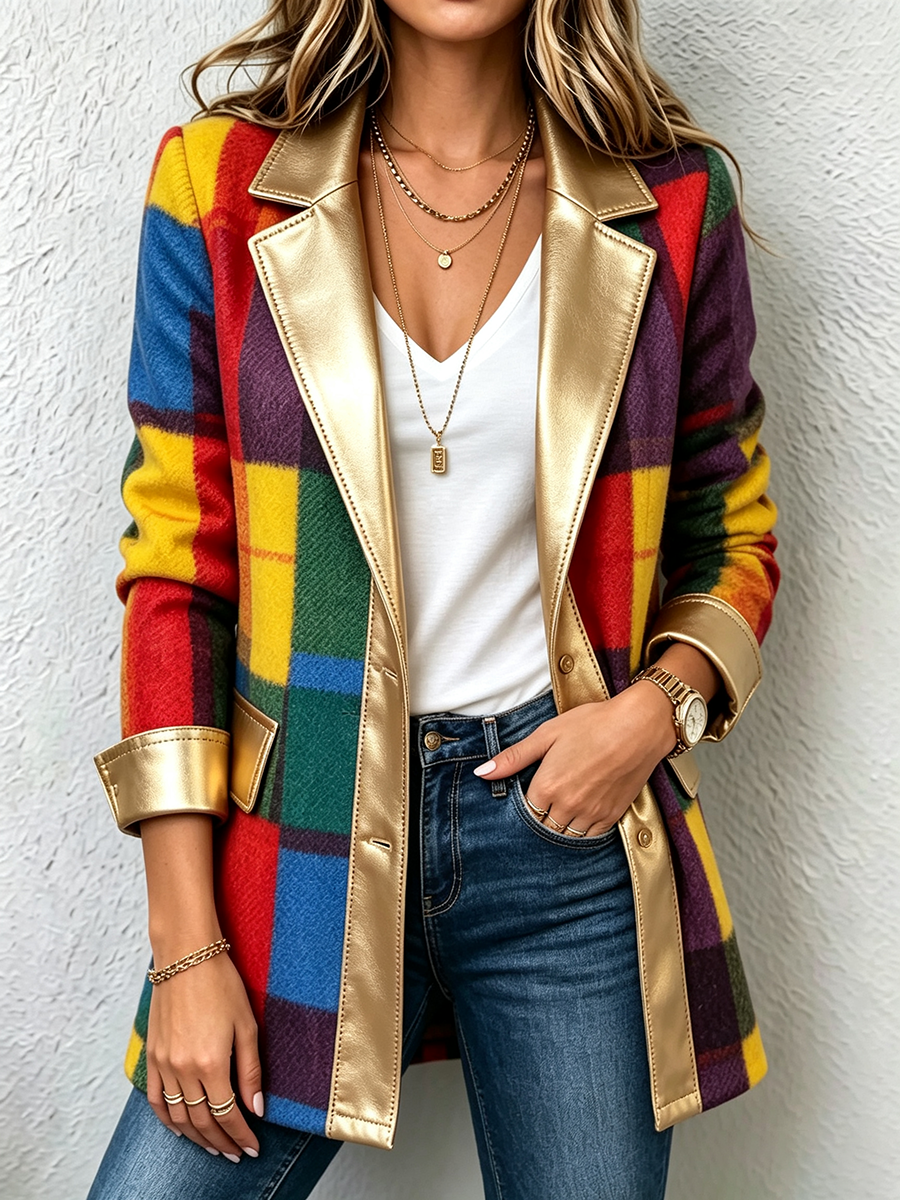 Artistic Color-blocked Plaid Jacket With Gold Lapels