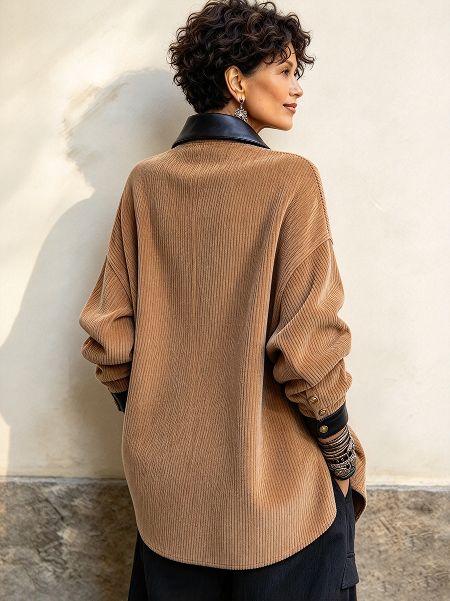 Chic Autumn Winter Cozy Stylish Faux Leather Corduroy Jacket