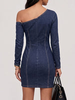 Women's One-shoulder Neckline Long-sleeved Round Metal Cutout Casual Slim-fit Denim Dress