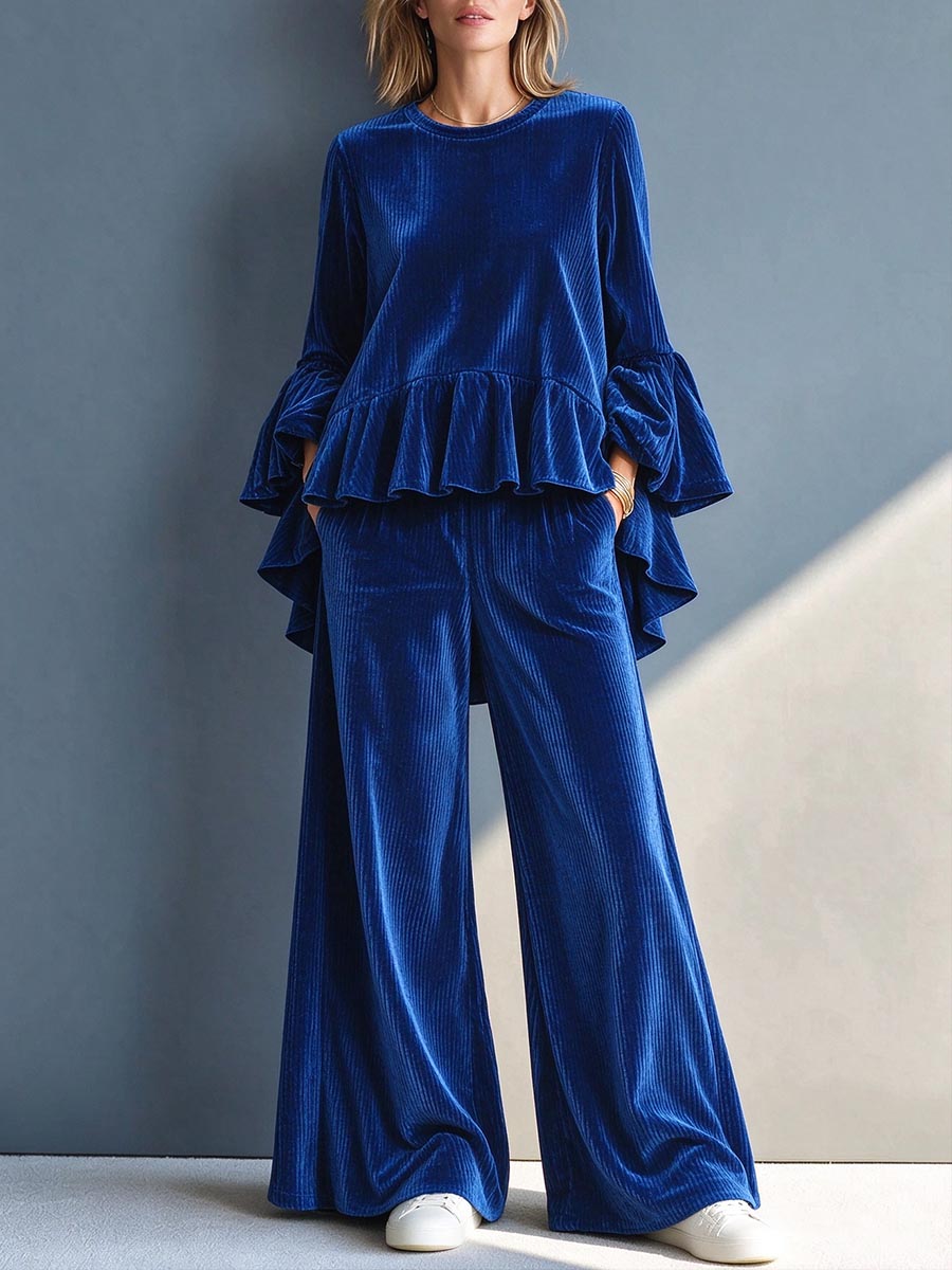 Royal Blue Ribbed Velvet Ruffle-trim Lounge Set
