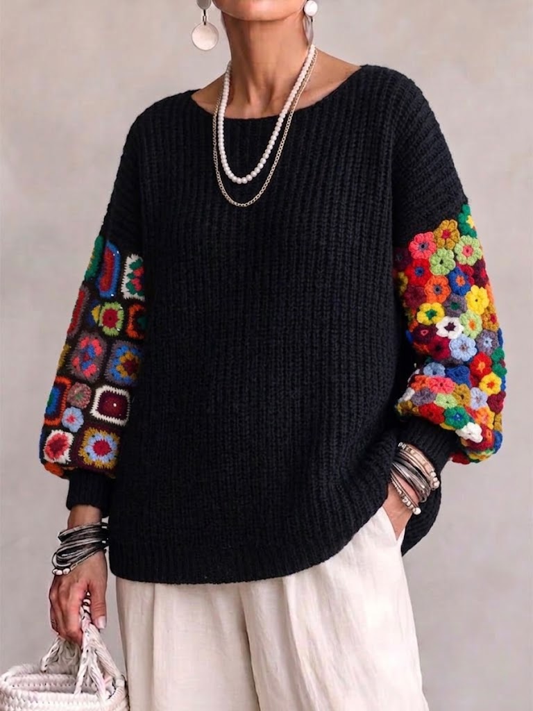 Round-neck Knitted Sweater With Colorful Crochet-patch Sleeves