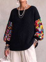Round-neck Knitted Sweater With Colorful Crochet-patch Sleeves
