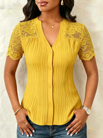 V-neck Vertical Pleat Lace Splice Fitted Short Sleeve Blouse