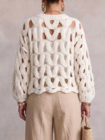 Wave-pattern Cutout Crochet Knit Sweater With A Round Neck And Lantern Sleeves