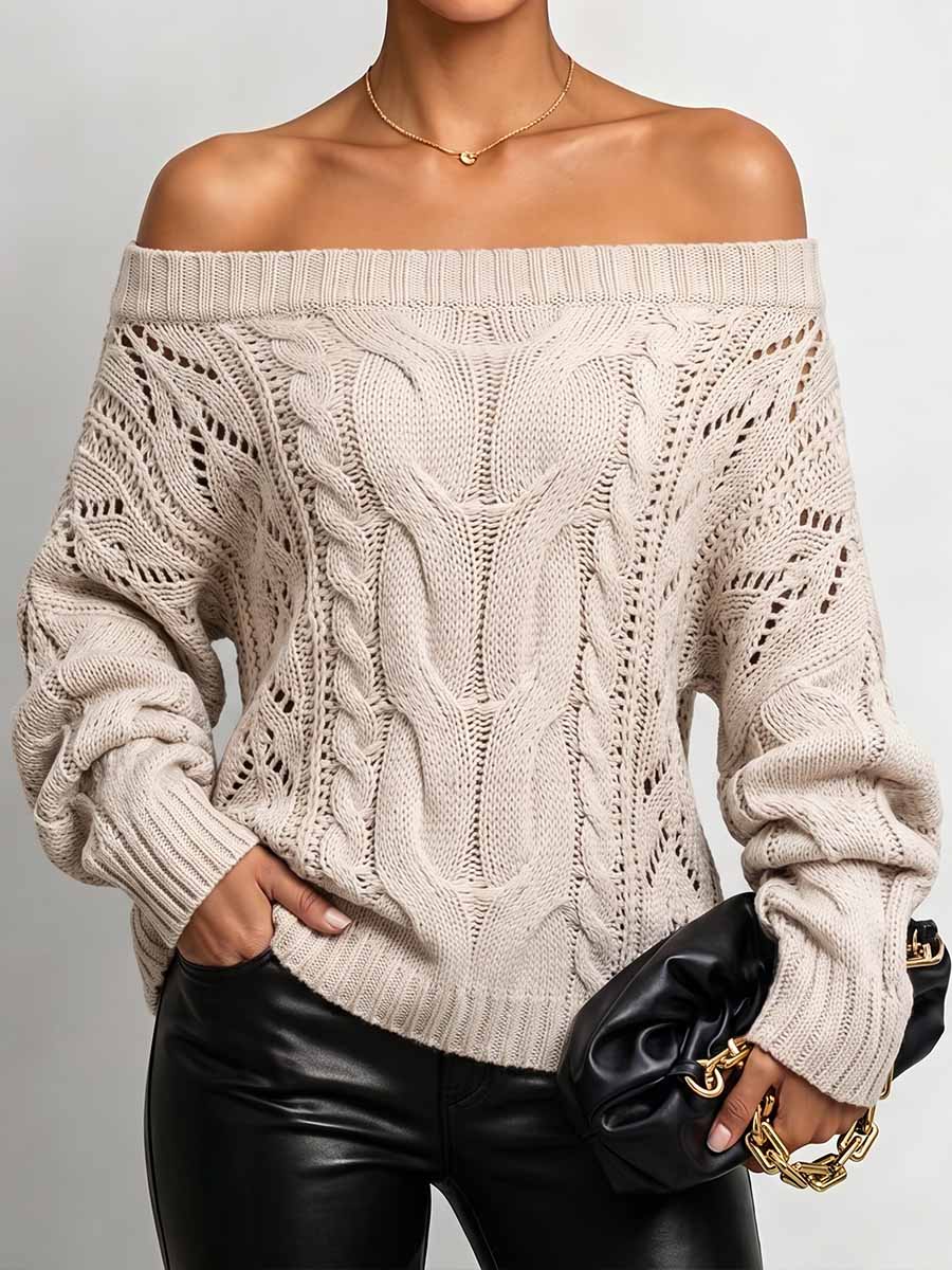 Women's Solid Color Off-shoulder Long-sleeved Casual Loose Knit Pullover Top