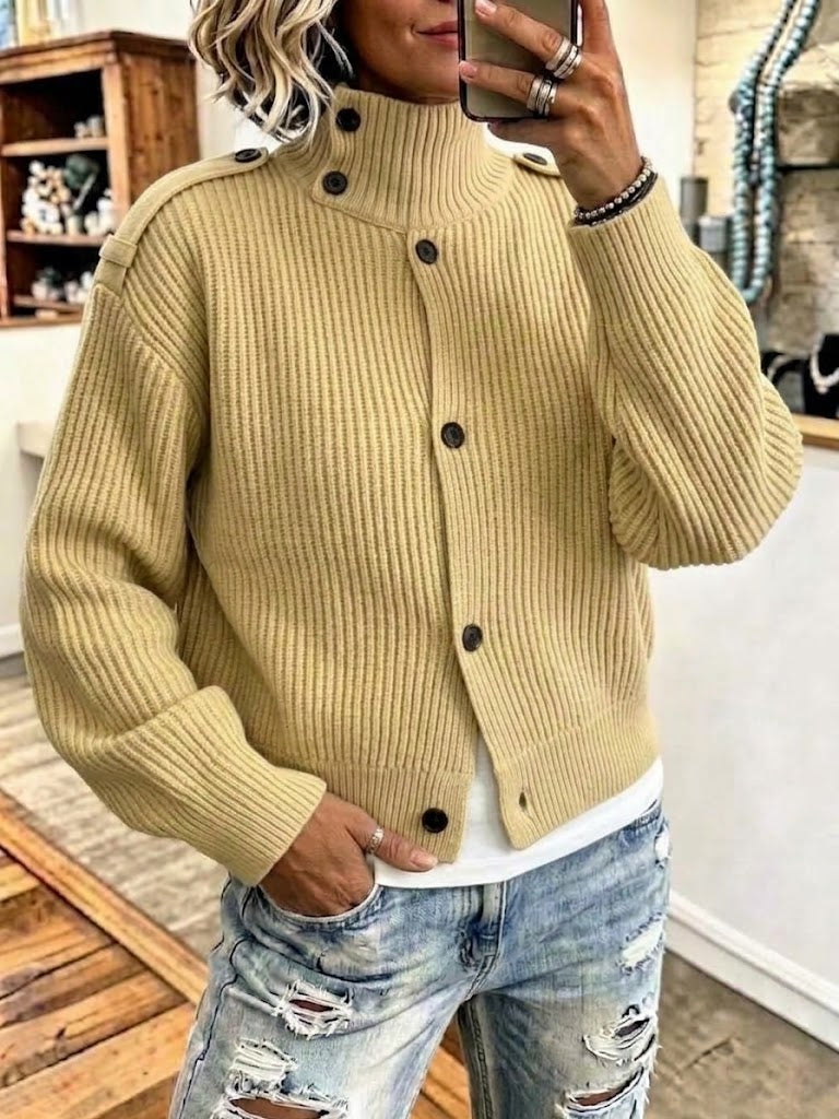 Ribbed-knit Cardigan With A Stand Collar And Shoulder Epaulettes