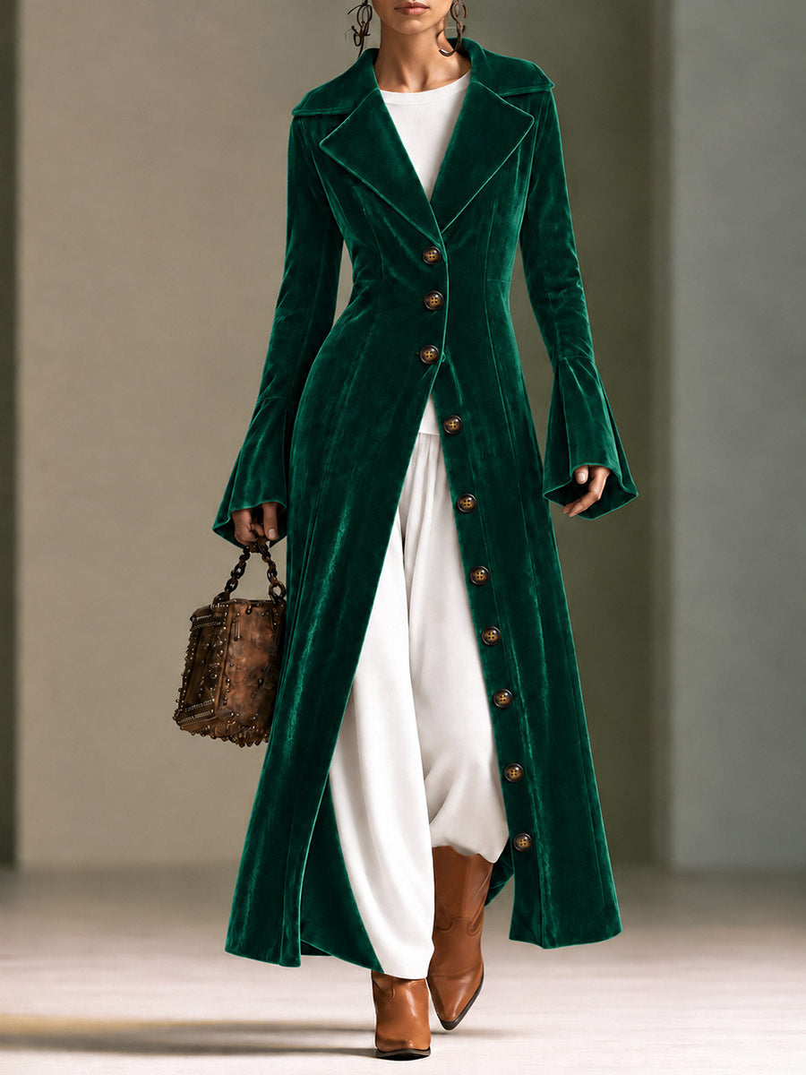 Burgundy Velvet Longline Button-front Duster Coat