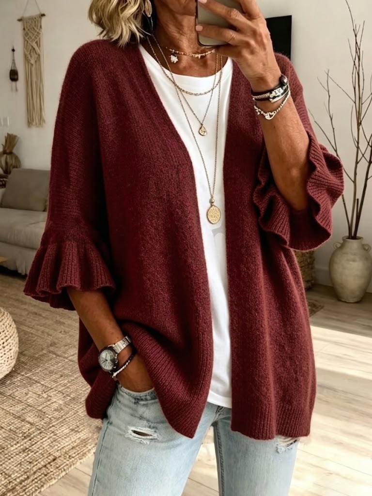 Solid-color, Loose-fit, Casual Knit Cardigan With Three-quarter Sleeves