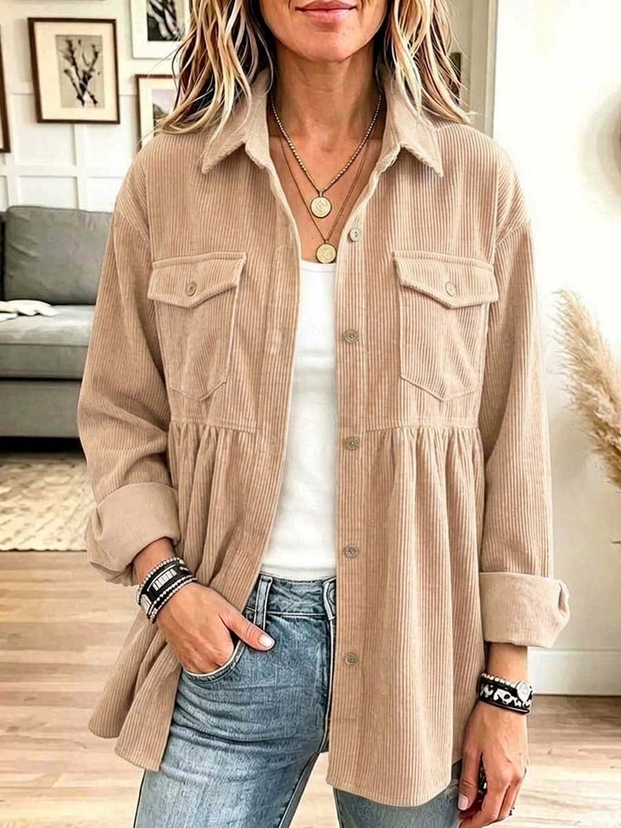 Women's Solid Color Collared Long-sleeved Casual Loose Corduroy Shirt