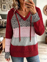 Women's Color-blocked Leopard Print V-neck Long-sleeved Casual Loose Hooded Knit Pullover