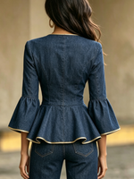 Elegant Chic Ruffled Denim Top With Gold Trim