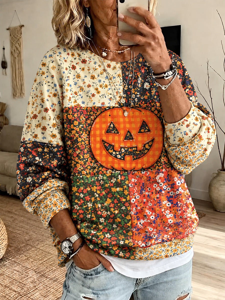 Halloween Floral Pumpkin Patchwork Crewneck Sweatshirt
