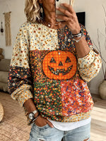 Halloween Floral Pumpkin Patchwork Crewneck Sweatshirt