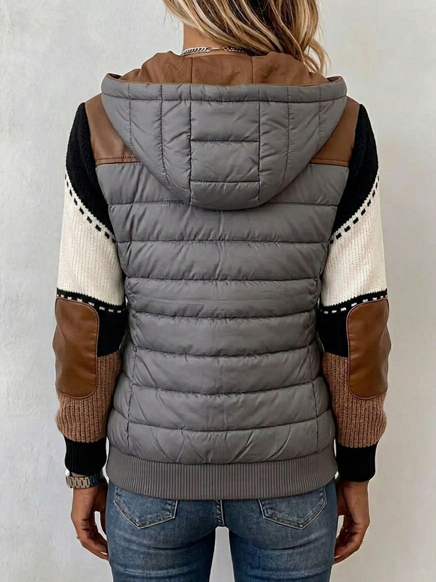 Women's Knitted Patchwork Long-sleeved Casual Loose Down Cotton Jacket With Hood