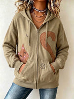 Casual Cat-print Zip-up Hoodie