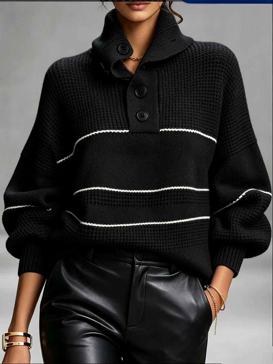 Cozy, Chic Knit Top With A Buttoned Stand Collar And Contrasting Stripes.