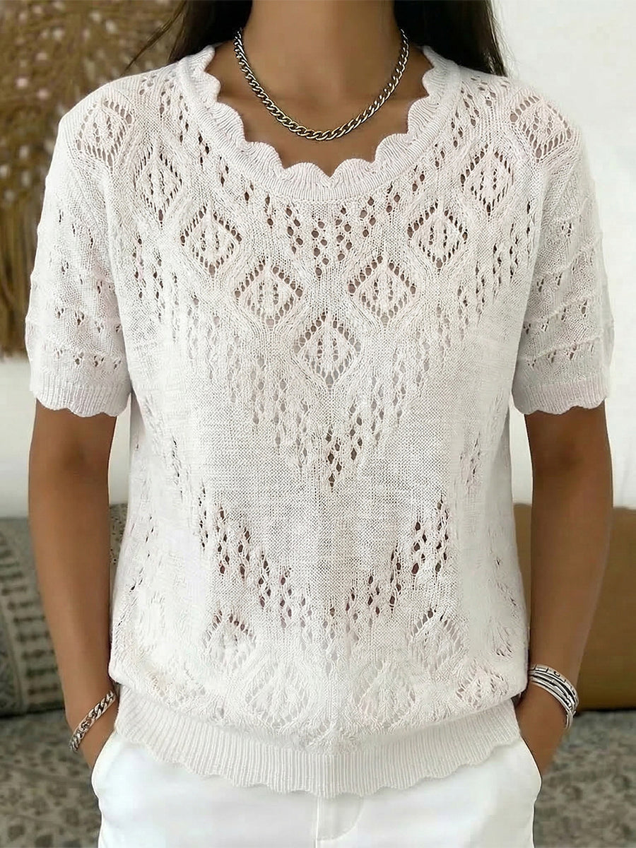 Scallop Collar Diamond Open‑work Crochet Short‑sleeve Knit Top