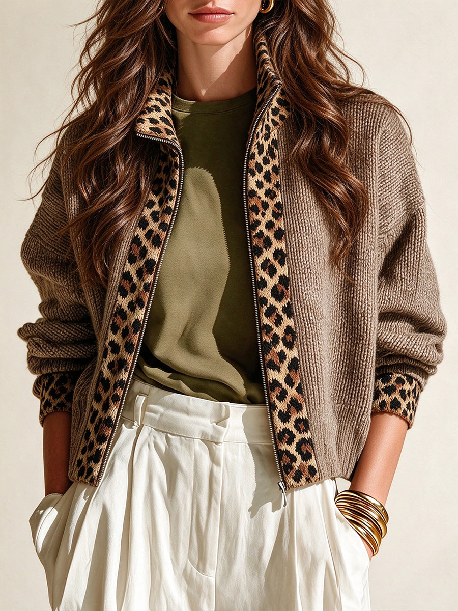 Leopard-paneled Knit Zip-up Jacket