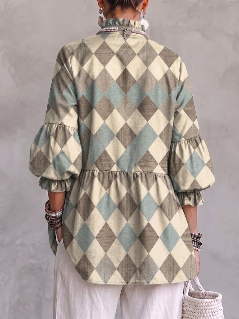 Artistic-style Linen Ruffle Top With A Diamond-patterned Texture