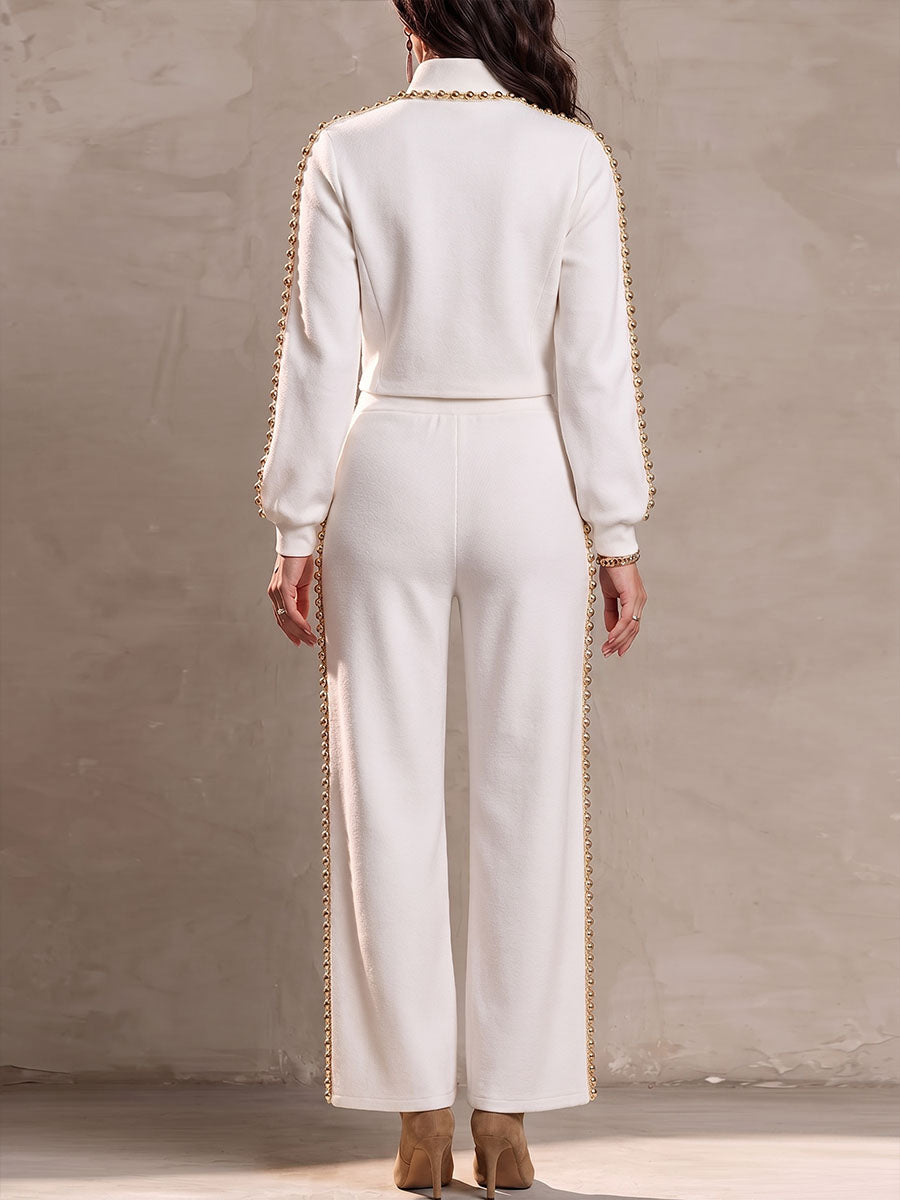Women's Stand Collar Long Sleeve Casual Loose Beaded Top And High Waist Wide Leg Pants Beaded Set