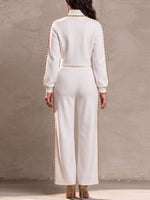 Women's Stand Collar Long Sleeve Casual Loose Beaded Top And High Waist Wide Leg Pants Beaded Set