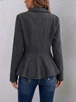 Fitted Double-breasted Blazer With Lapel, Jacquard Pattern, And Ruffle Detail