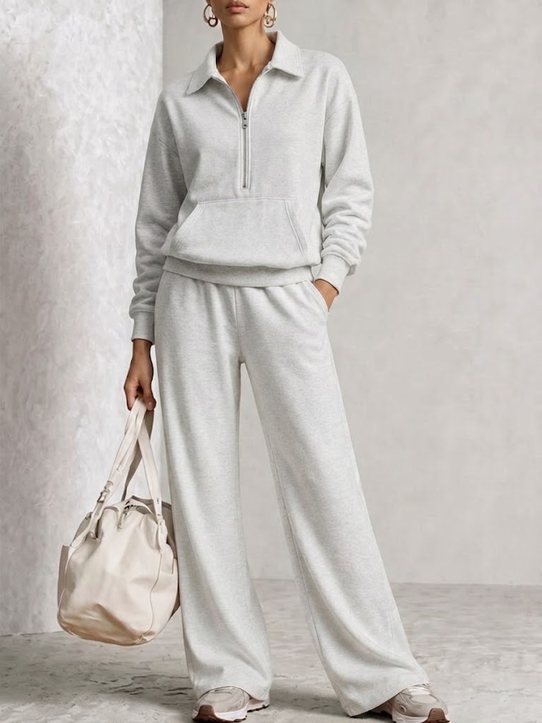Half‑zip Collared Sweatshirt & Wide‑leg Sweatpants Set