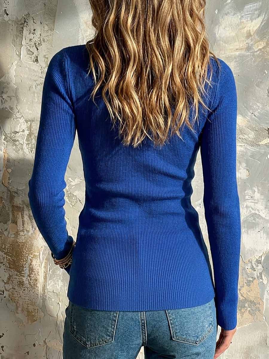 Women's Royal Blue Asymmetric Wrap Ribbed Knit Top