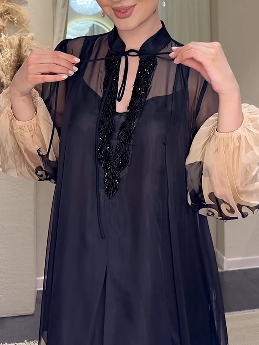 Elegant, Loose, And Comfortable Two-piece Set Featuring A Printed Chiffon Camisole Dress And A Long-sleeved Dress.