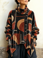 Artisan Abstract Arc Crushed Velvet Asymmetric Button Tunic with Funnel Neck