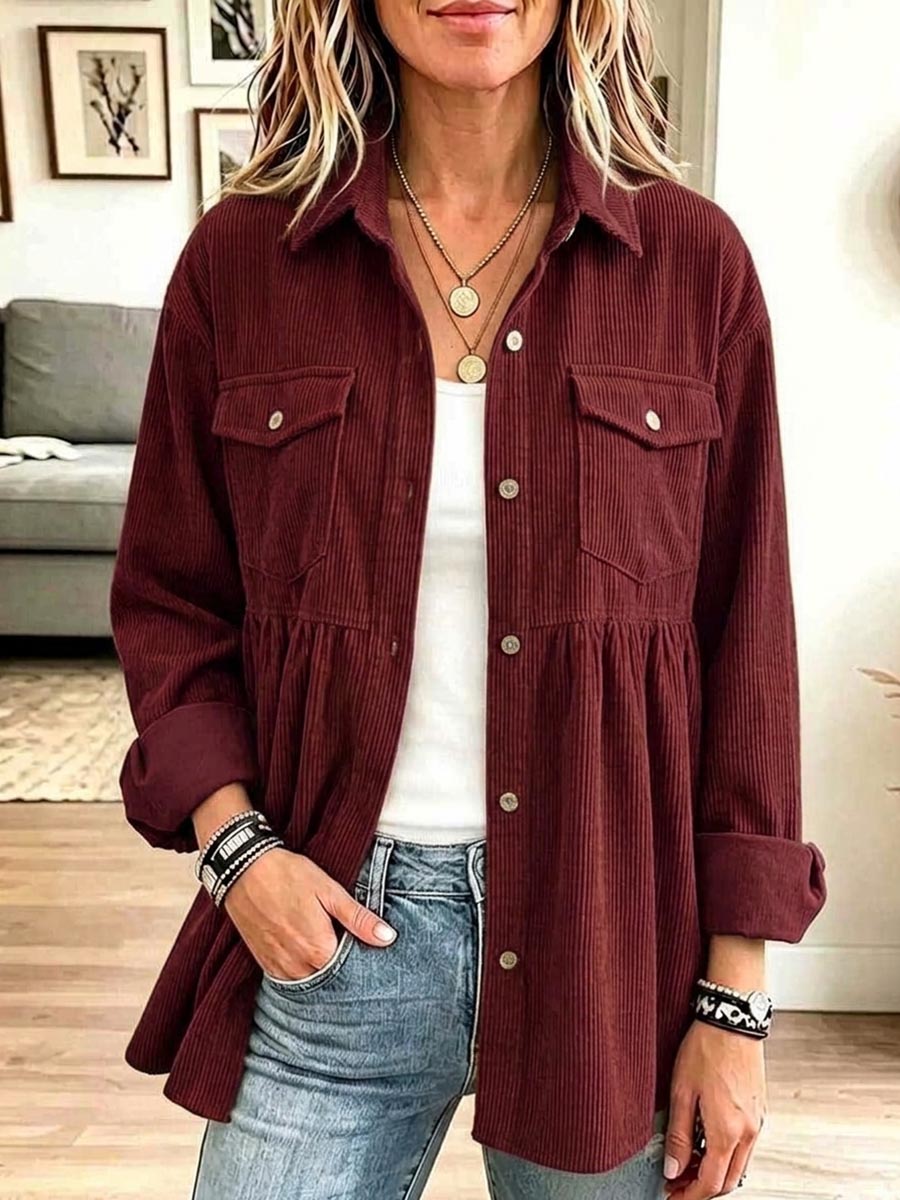 Women's Solid Color Collared Long-sleeved Casual Loose Corduroy Shirt