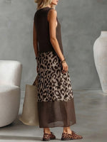 Color Block Leopard Splice Round Neck Sleeveless Hollow Knit Loose Midi Tank Dress