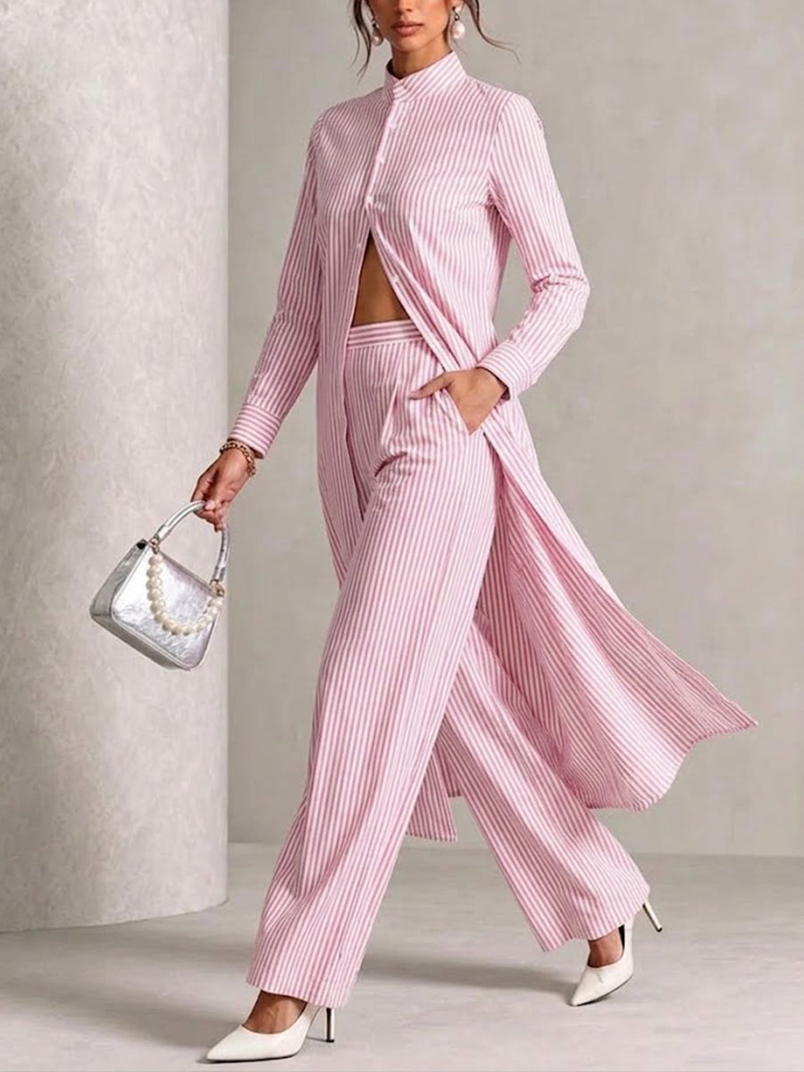 Vertical-striped Stand-collar Shirt And Wide-leg Trousers Two-piece Set