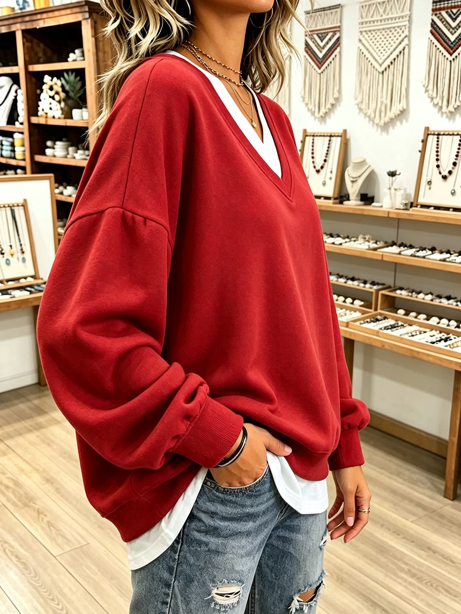 cozy irregular V-neck layered oversized sweatshirt