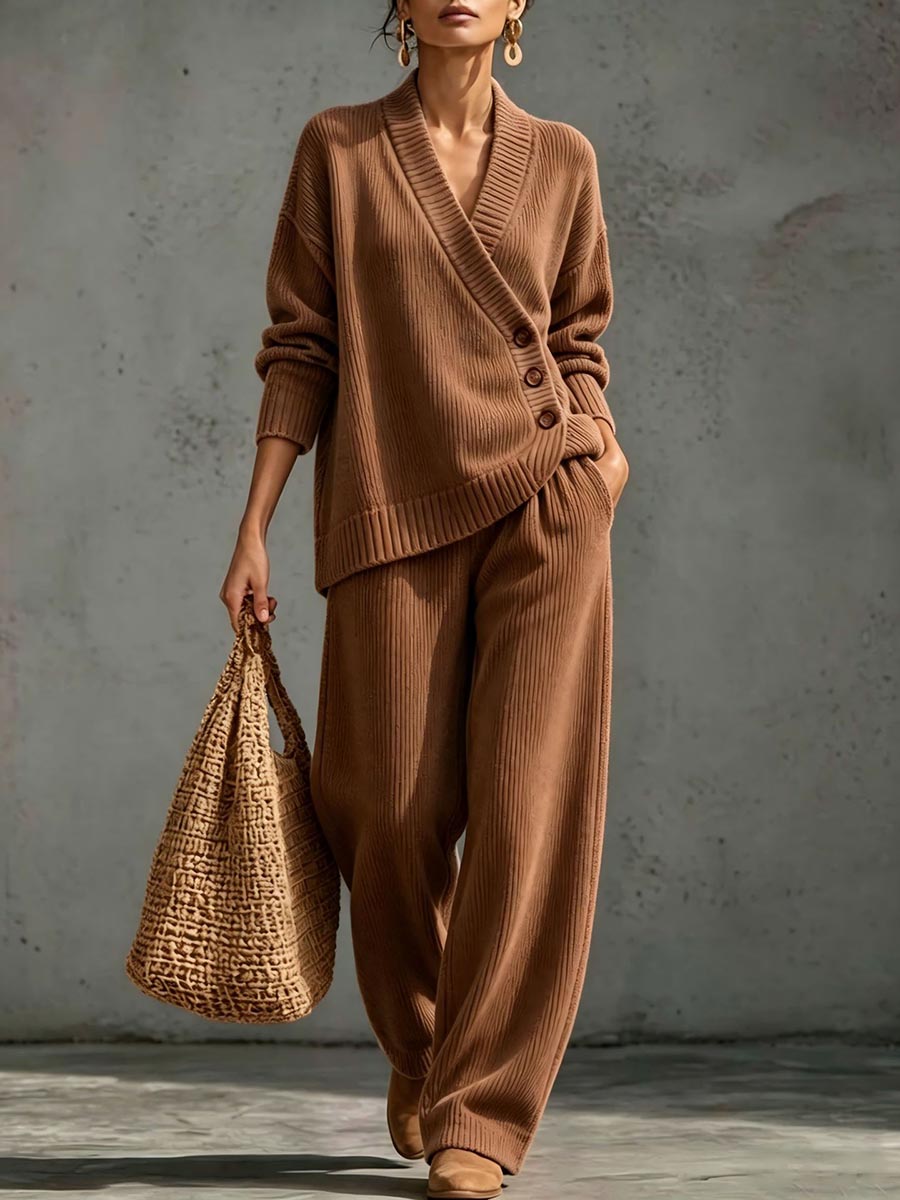 Women's Ribbed Knit Two-piece Lounge Set With Asymmetrical Buttons