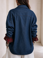 Lapel Collar Plaid‑lined Asymmetric‑hem Denim Jacket